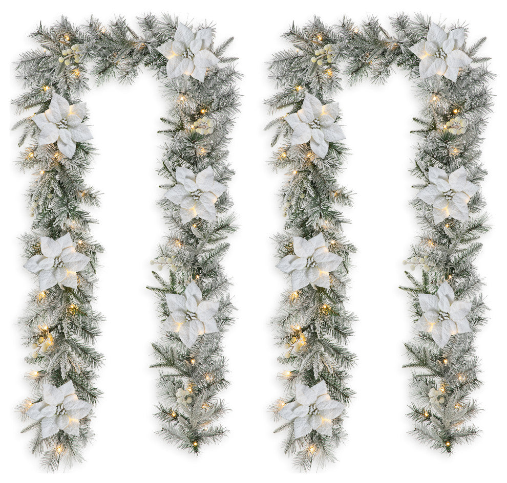 2-Pack 9'' Pre-Lit Snow Flocked Christmas Garland with 50 Warm White Lights