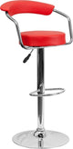 Estella Low-Back Red Vinyl Swivel Adjustable Barstool With Arms