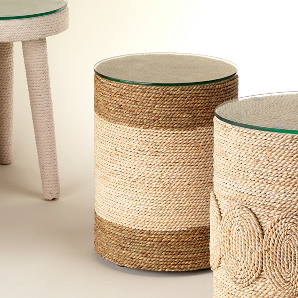 Two Tone Rope Wrapped Drum Accent Table Brown Off White Natural Coastal Island