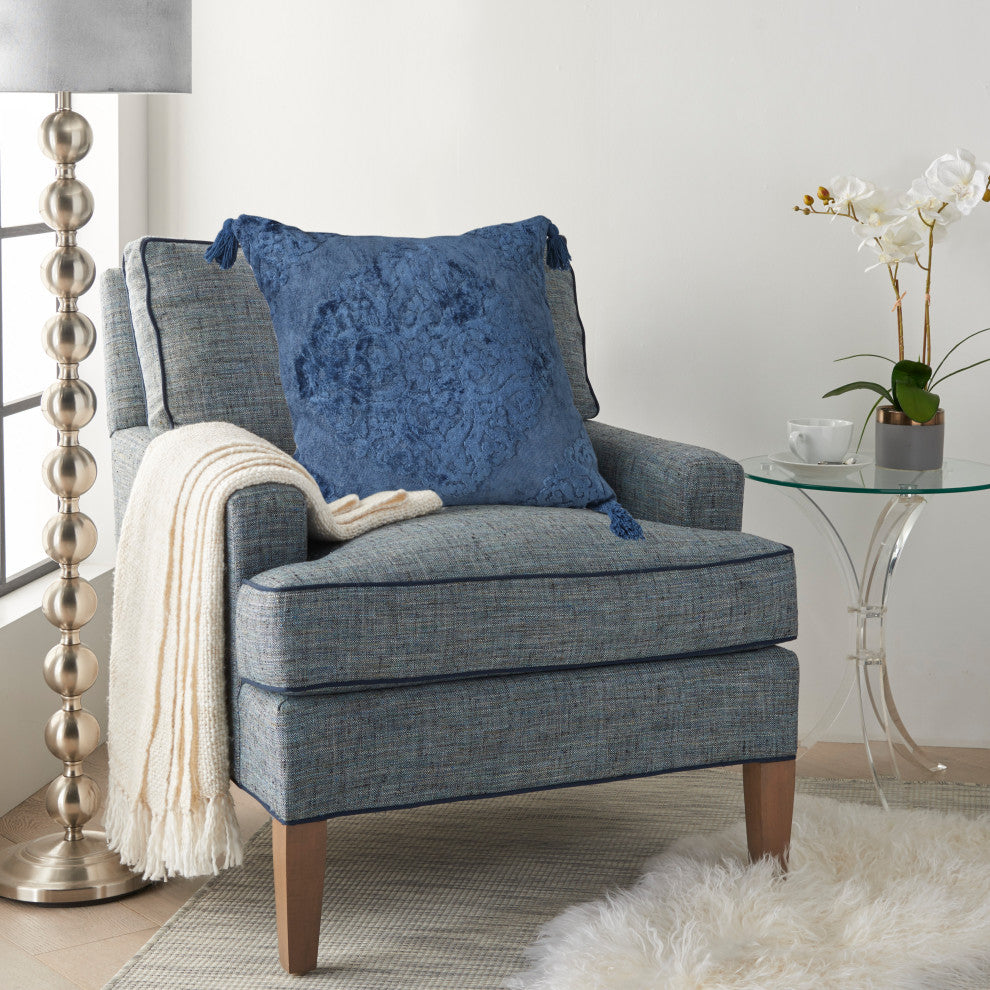 Deep Blue Traditional Textured Medallion Throw Pillow, Blue, 20"x20", Cover Only