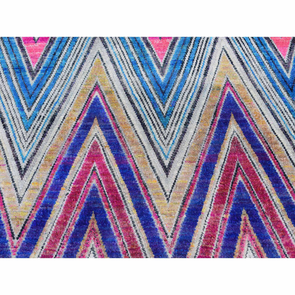 Hot Pink, Hand Knotted, Chevron Design, Silk With Wool, Rug, 4'x6'2"