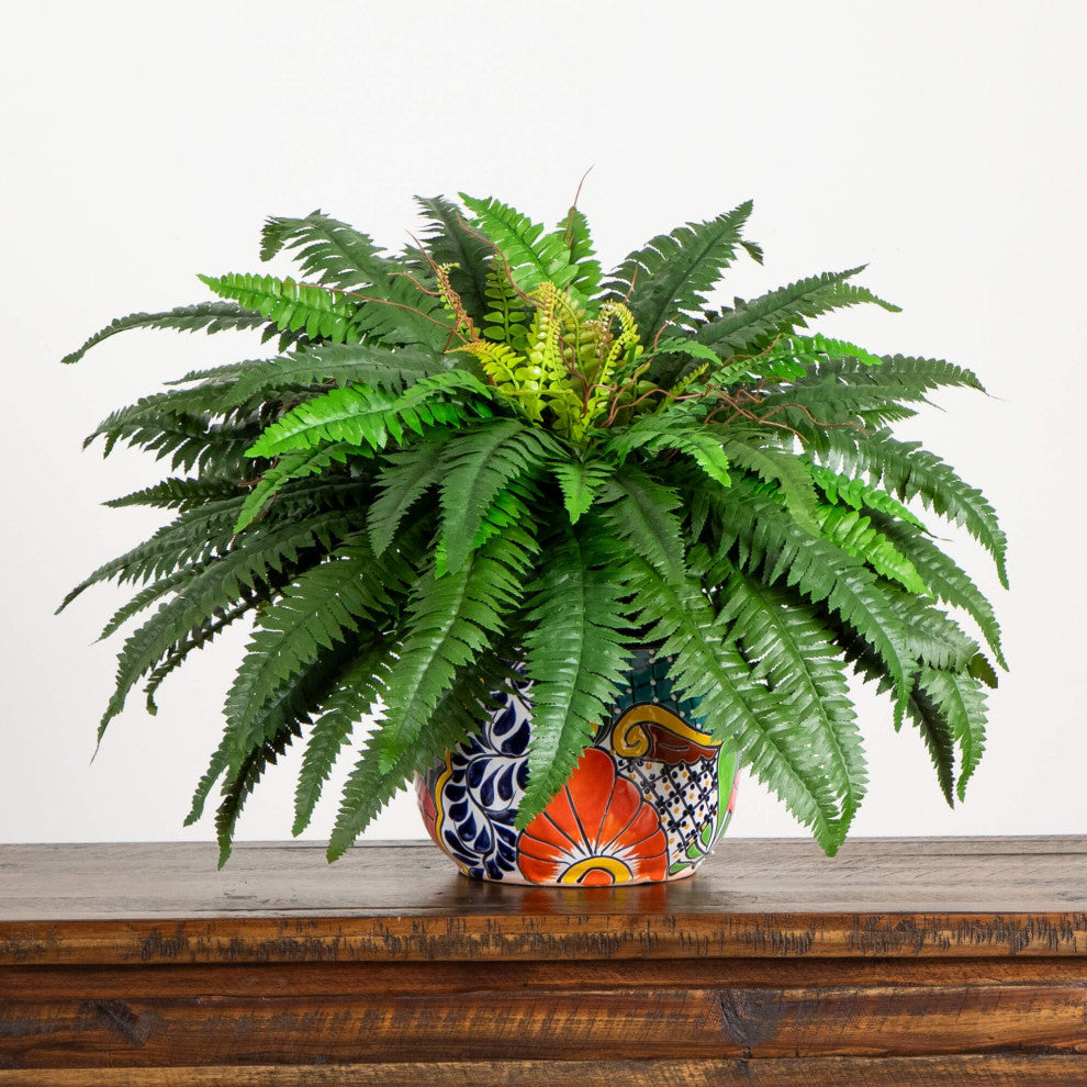 Close-up of pot with colorful Talavera pattern on lifestyle background; lifestyle_close.