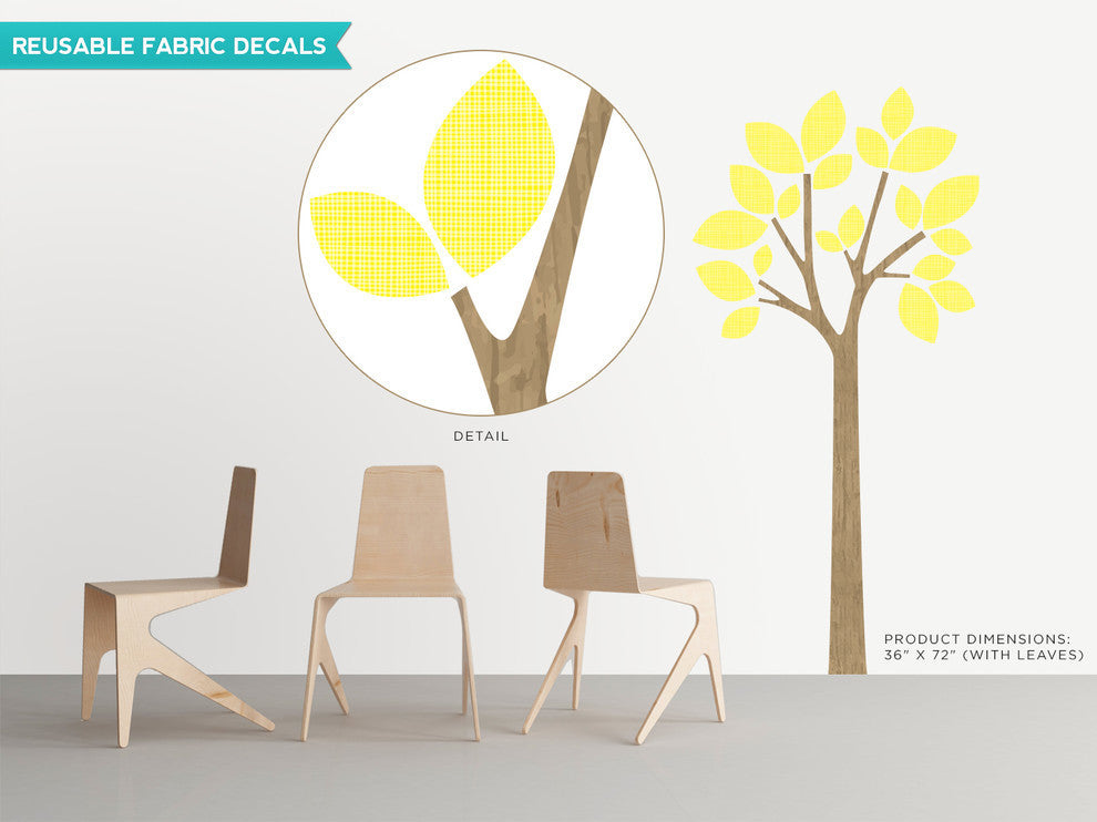 Modern Tree Fabric Wall Decal With Patterned Leaves, Yellow