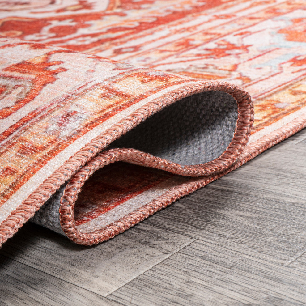 Asa Ornate Medallion Machine Washable Indoor Area Rug, Orange/Cream, 2 X 8