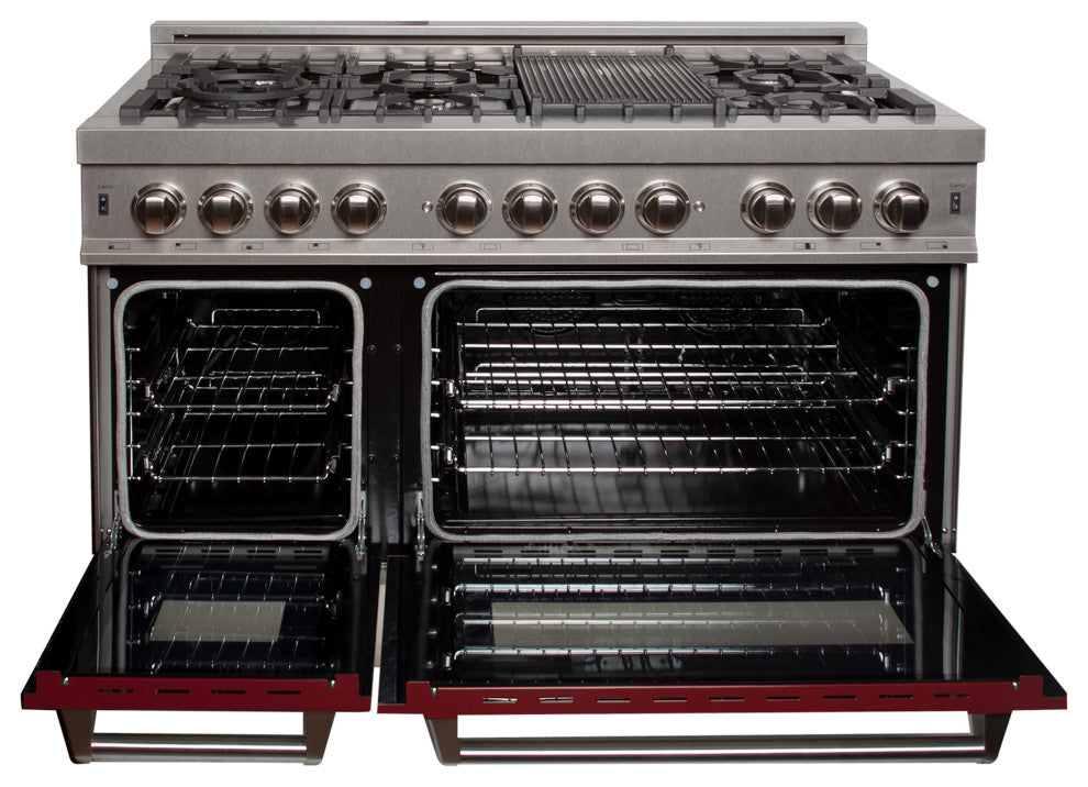 ZLINE 48" Dual Fuel Range, DuraSnow With Red Gloss Door RAS-RG-48