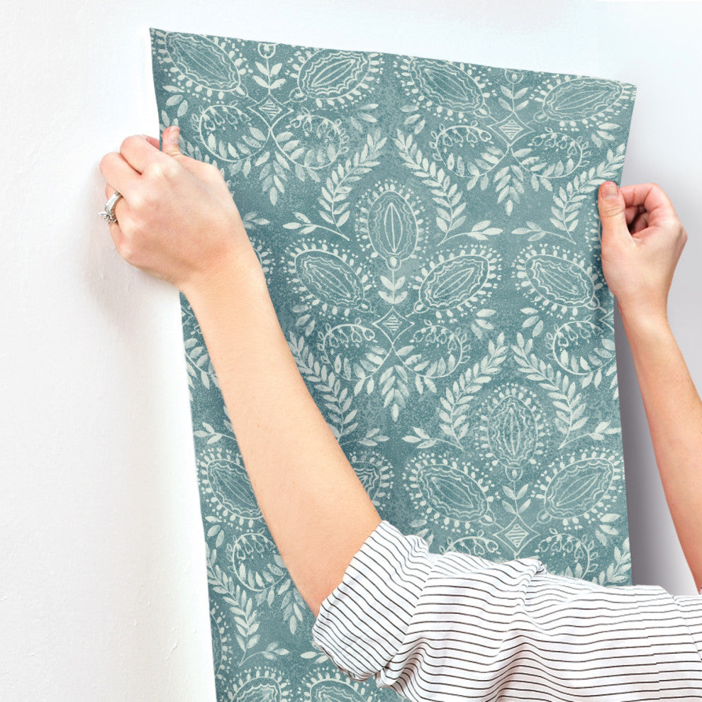 Teal Laurel Damask Wallpaper