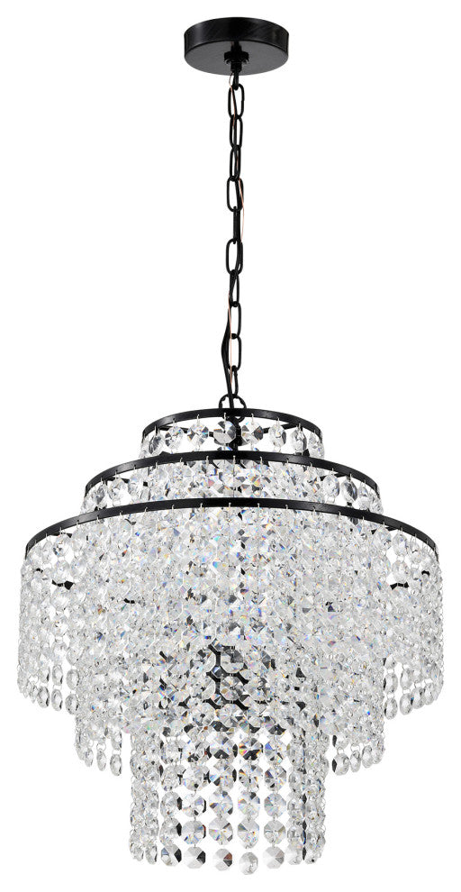 4-Light Antique Black Modern Glam Chandelier With Tier Cascading Crystals