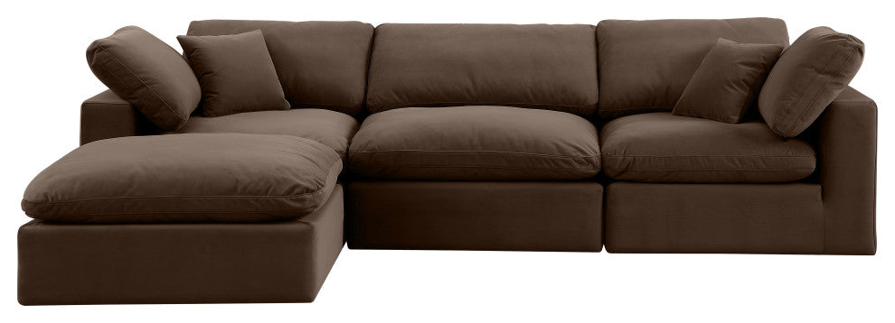 Comfy Upholstered L-Shaped Modular Sectional, Brown, 4-Piece: 1 Armless Chair, 2 Corner Chair, 1 Ottoman, Velvet