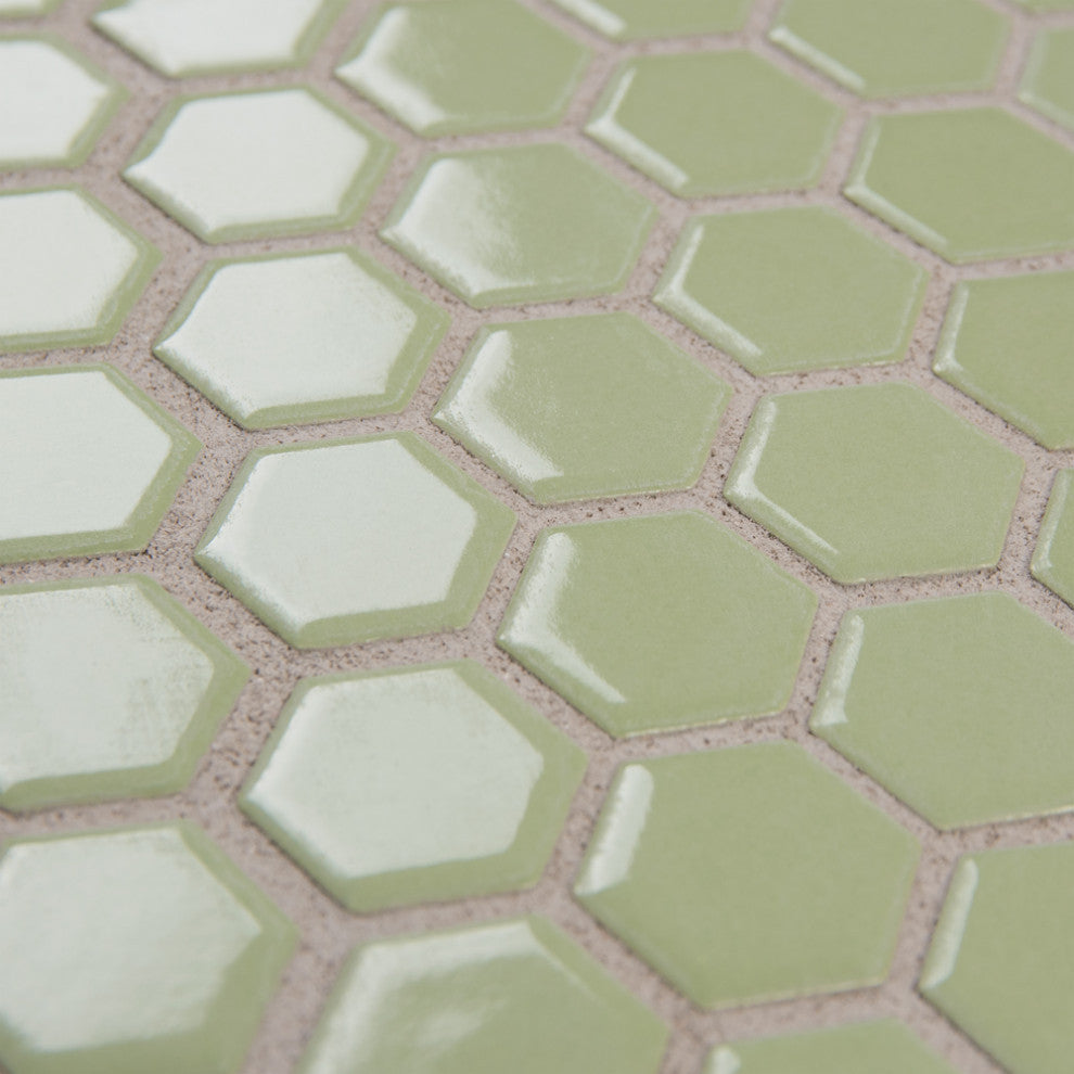 Metro 1" Hex Porcelain Mosaic Floor and Wall Tile, Glossy Olive
