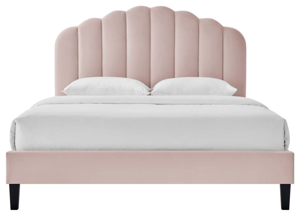 Platform Bed Frame, Full Size, Pink, Velvet, Modern, Bedroom Master Guest Suite