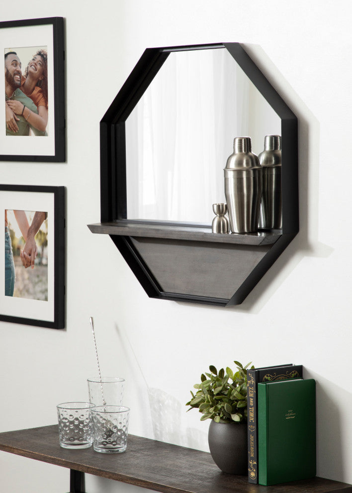 Owing Octagon Wall Shelf Mirror, Gray/Black, 24"x24"