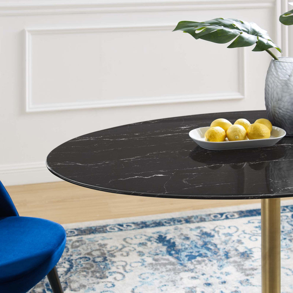 Dining Table, Oval, Artificial Marble, Metal, Gold Black, Cafe Bistro Restaurant