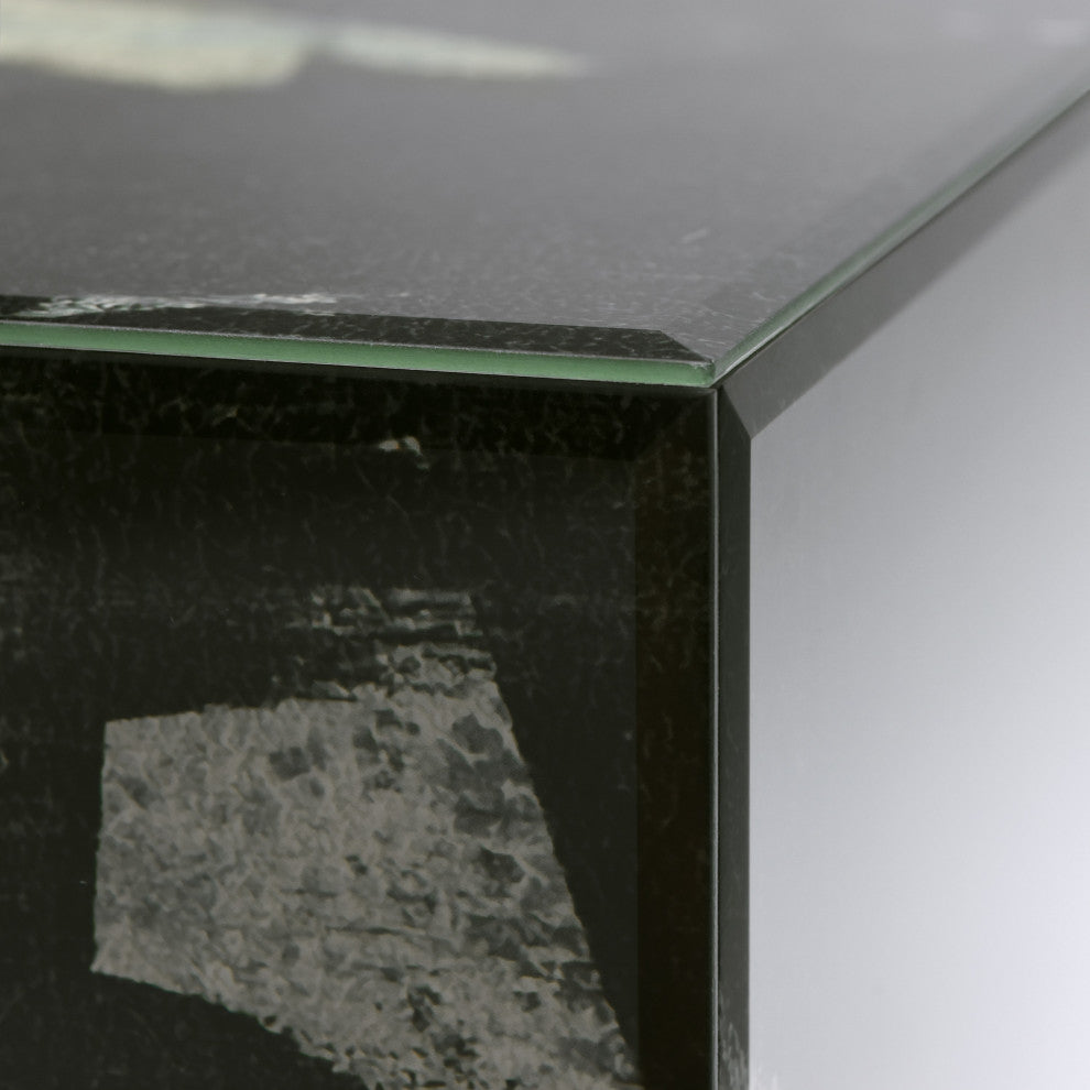 "Ode an Kline III" Reverse Printed Glass Cocktail Table with Black Plinth Base