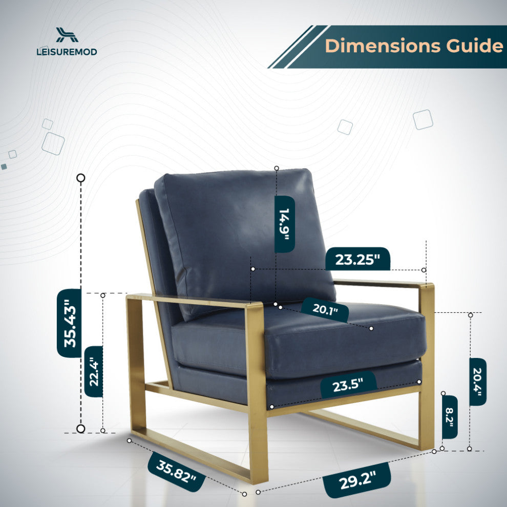 LeisureMod Jefferson Faux Leather Accent Armchair With Gold Frame, Navy Blue