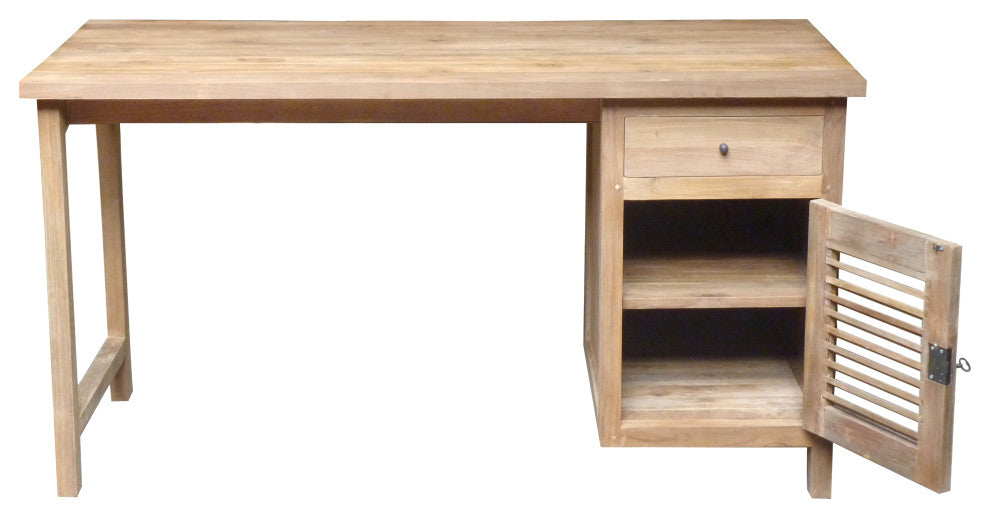 Recycled Teak Wood Louvre Writing Desk with 1 Door & Drawer