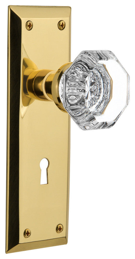 New York Plate Interior Mortise Waldorf Door Knob, Polished Brass