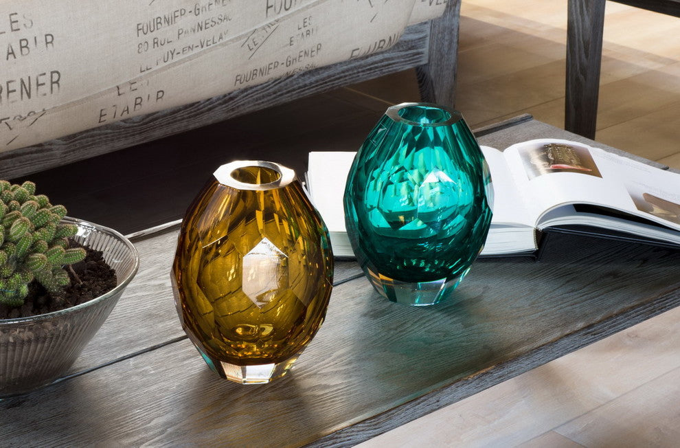Diamond Solid Color Hand Blown Art Glass Vase, Gift Box, Turquoise