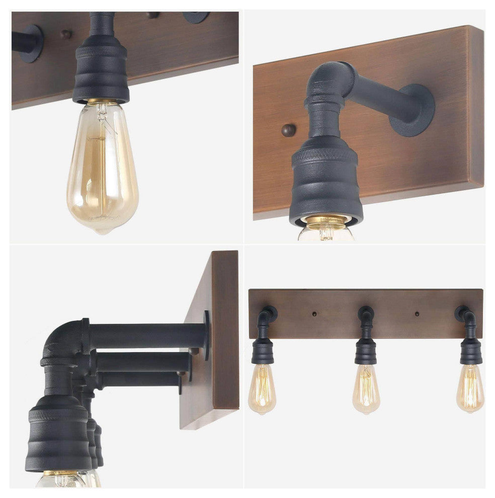 LALUZ 3-Light Black and Brown Water Pipe Farmhouse Bathroom Vanity Lights