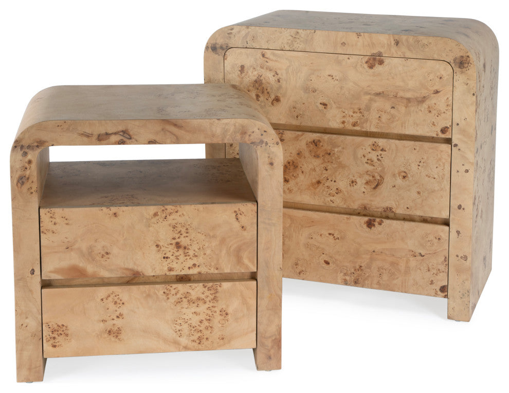 Cora 3 Drawer Burl Wood Curved Chest