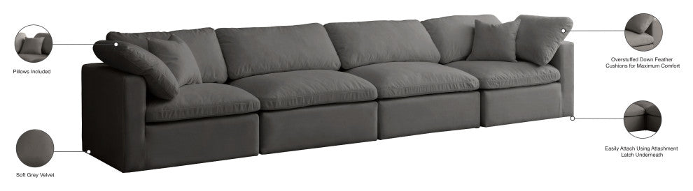 Plush Velvet / Down Standard Comfort Modular Sofa, Gray, 4-Piece: 2 Armless Chair, 2 Corner Chair