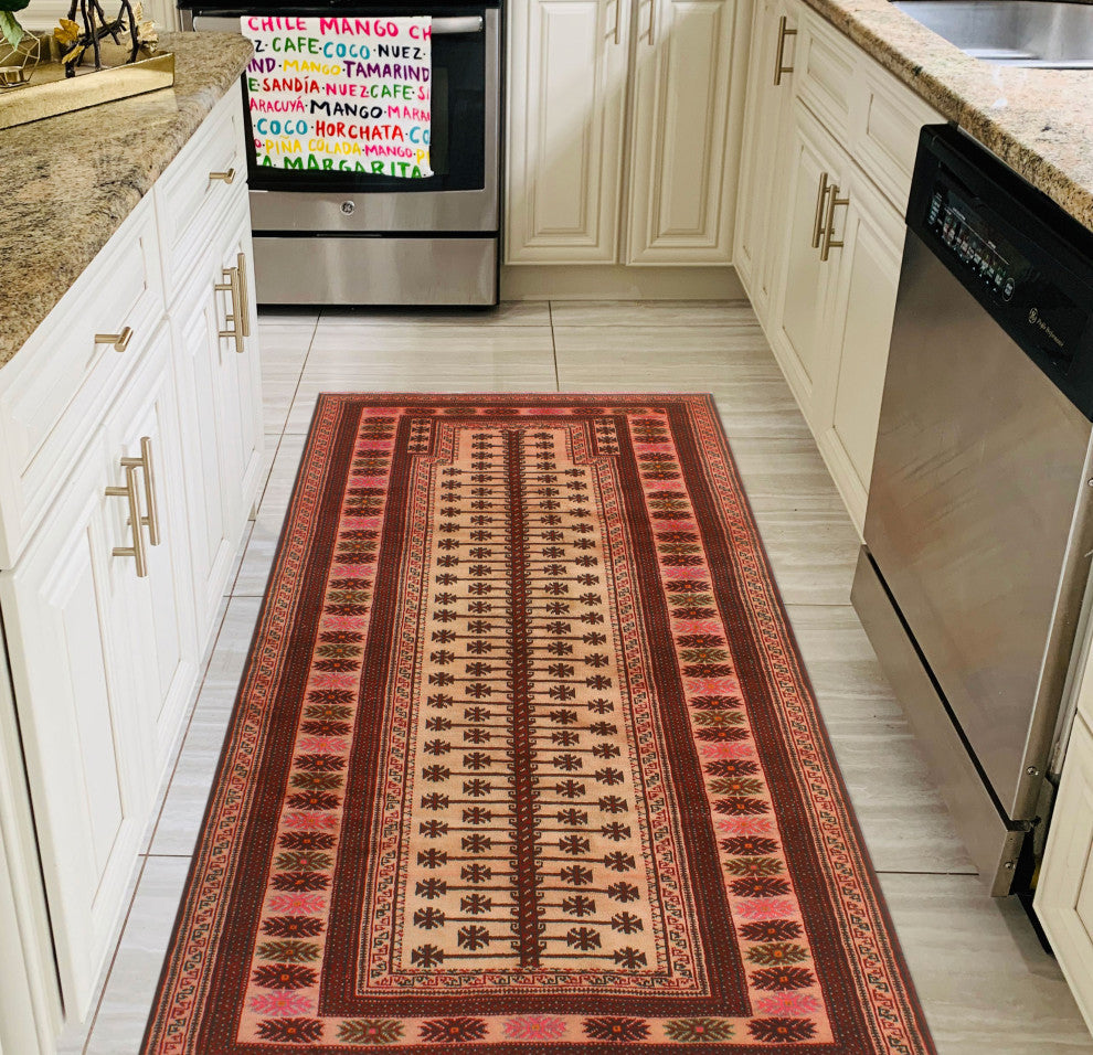 Vintage Distressed Madzimoy Beige/Burgundy Rug, 3'8x7'2