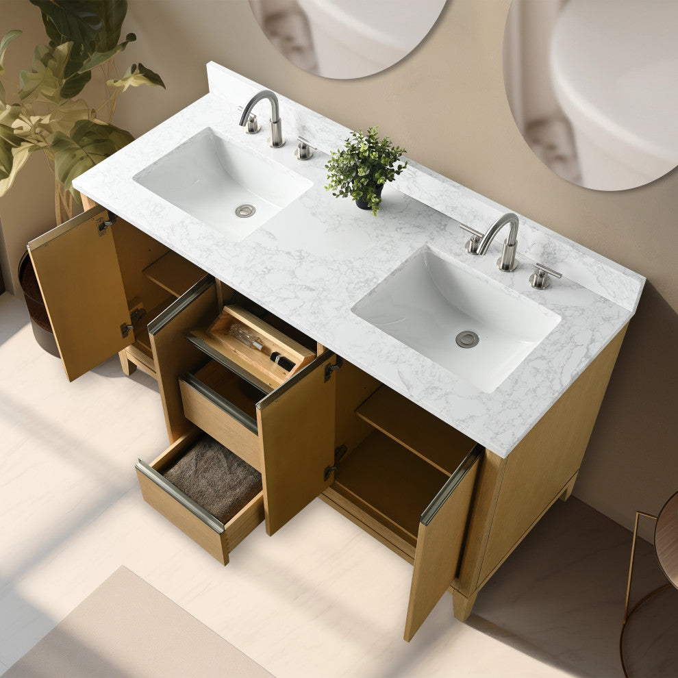 Vanity Art Bathroom Vanity With Sink, Natural Oak, 60" Double