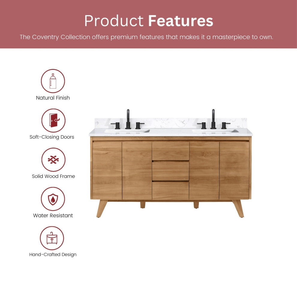 Avanity Coventry 73" Bath Vanity Combo, Natural Teak Finish, Carrara White Marble Top
