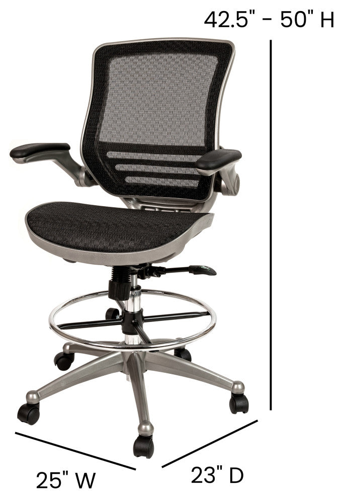 Mid-Back Transparent Black Mesh Drafting Chair -Silver Frame and Flip-Up Arms