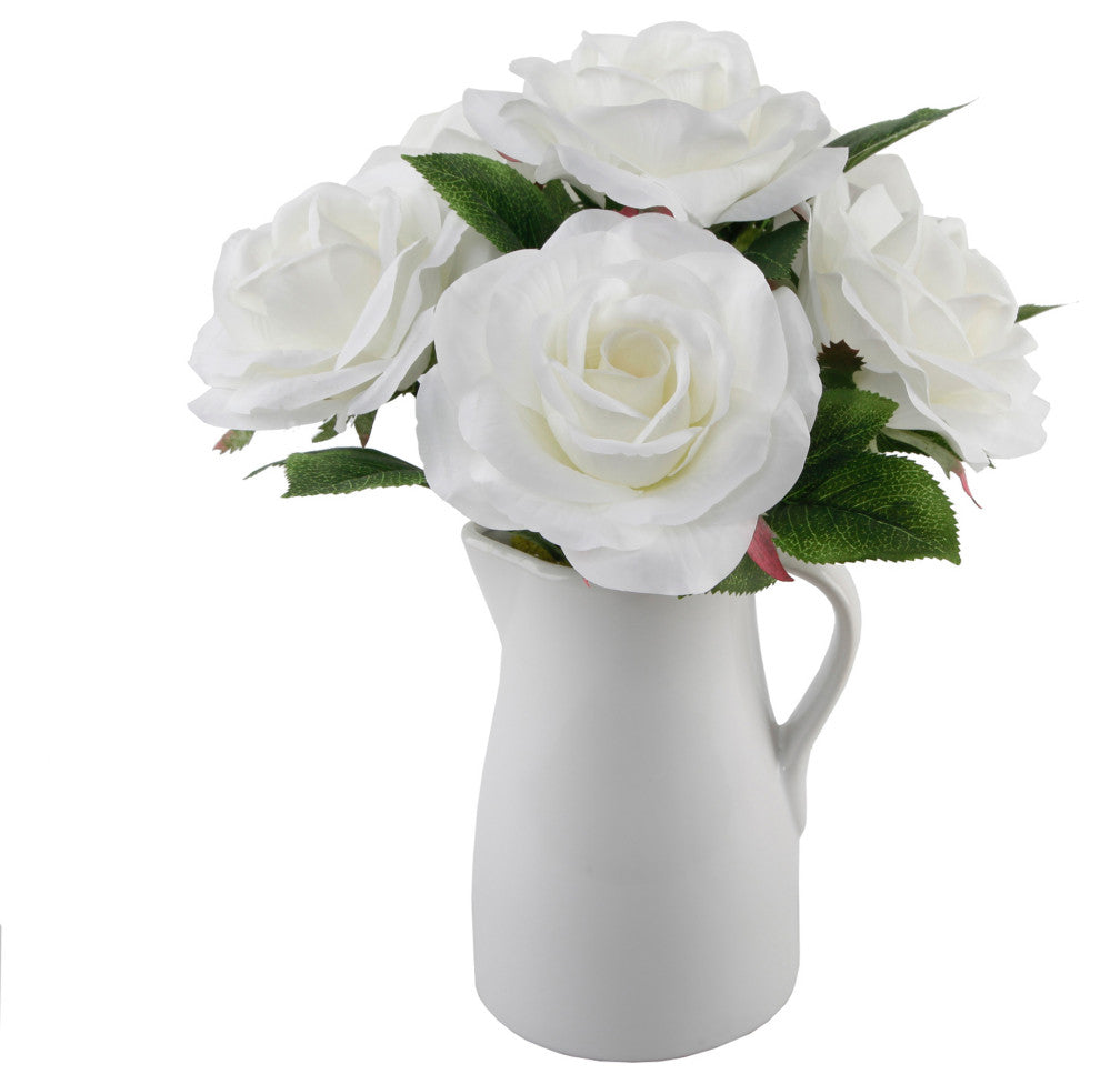 12" H Roses In Ceramic Water Pot,White