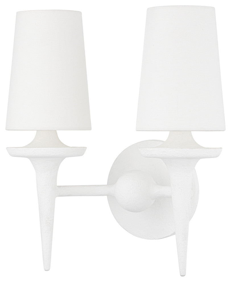 Torch 2-Light Wall Sconce, White Plaster Frame, White Shade