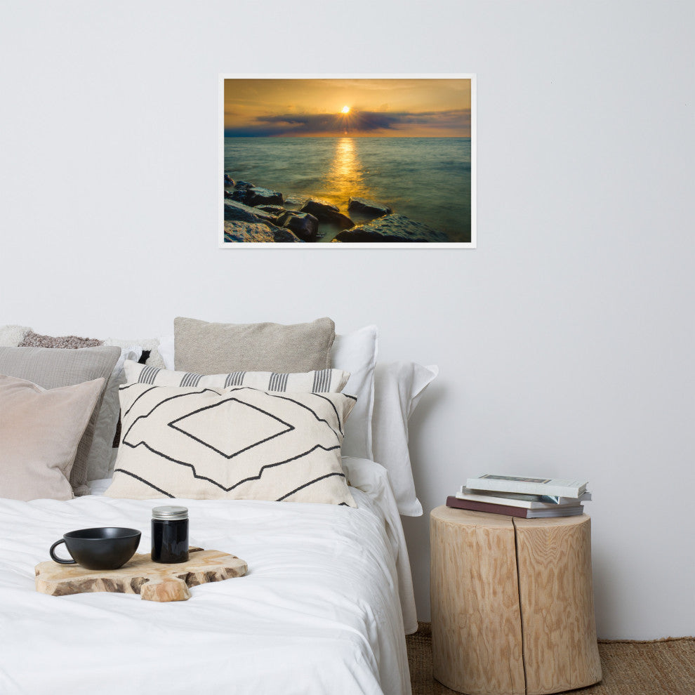 Sun Ray on the Water Coastal Landscape Framed Photo Paper Wall Art Print, White, 24" X 36"