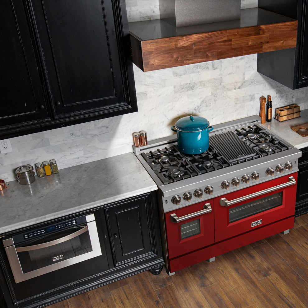 ZLINE 48" Dual Fuel Range, DuraSnow With Red Gloss Door RAS-RG-48