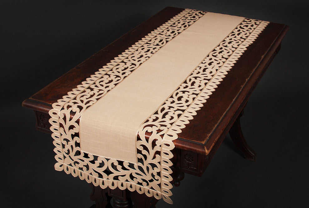 Vine Embroidered Cutwork Table Runner, Burlywood, 16"x54"