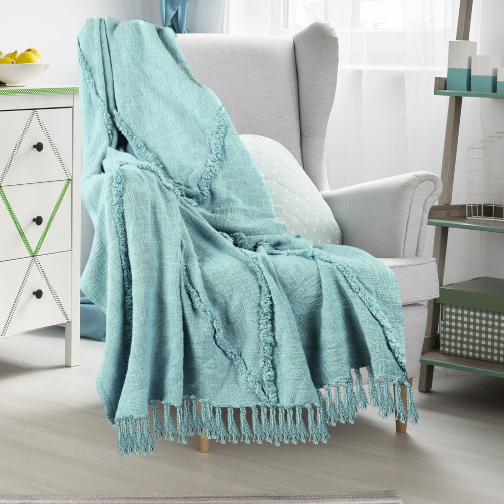 Bohemian Basics Decorative Diamond Tufted Cotton Throw Blanket, Aqua Sky Blue