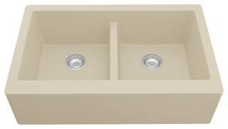 Karran Farmhouse Apron Front Quartz 34" Double Bowl Kitchen Sink, Bisque