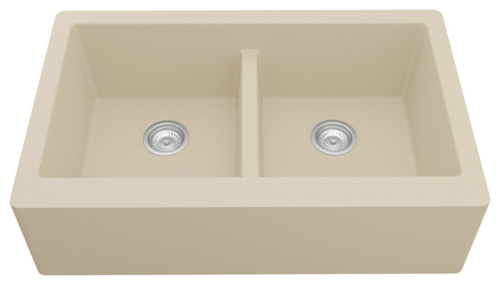 Karran Farmhouse Apron Front Quartz 34" Double Bowl Kitchen Sink, Bisque