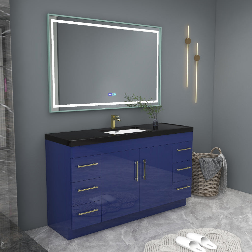 Rosa 60" Free Standing Modern Vanity, High Gloss Gray, Glossy White Top
