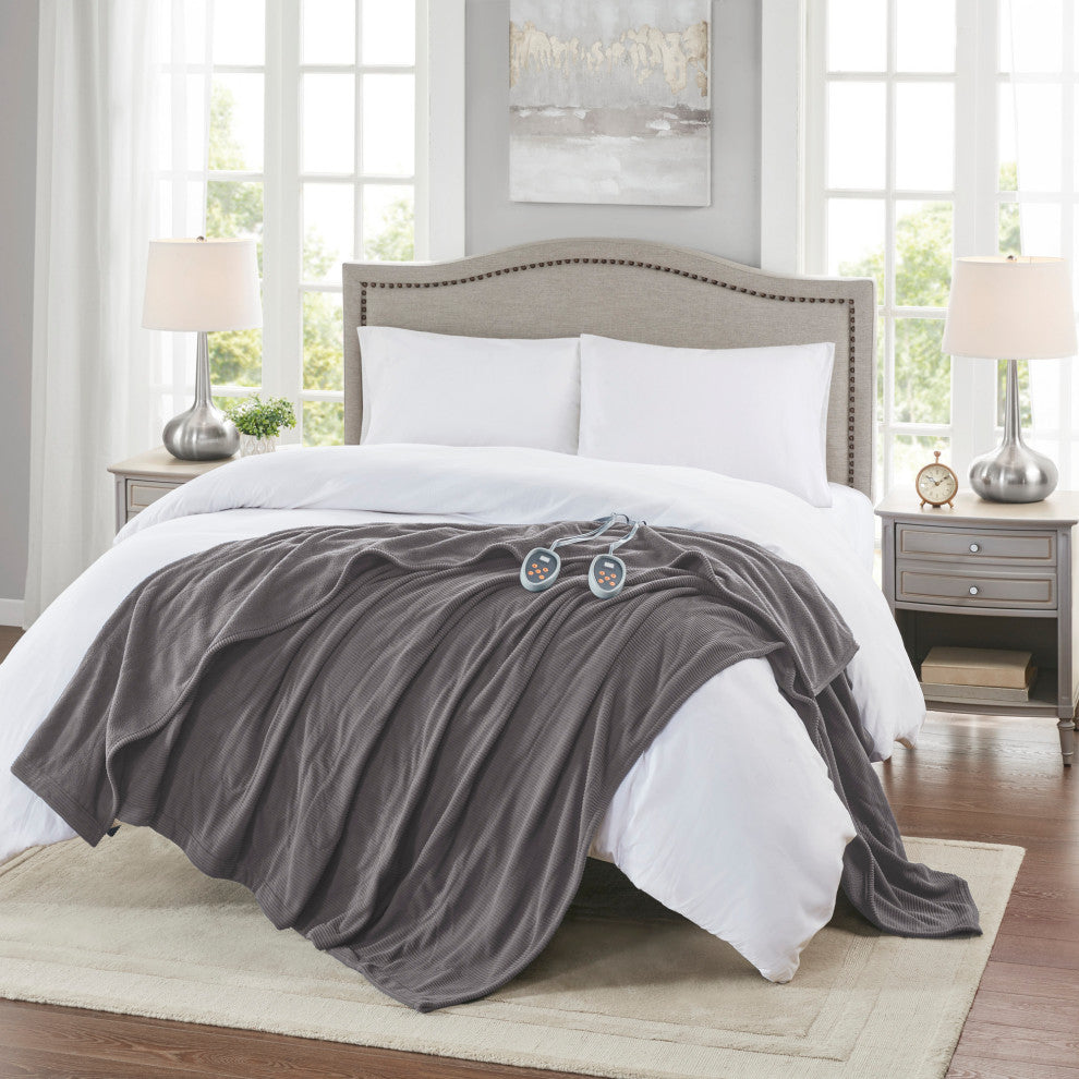Beautyrest Knitted Micro Fleece Solid Textured Heated Blanket, Gray, King