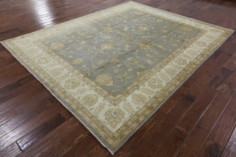 Blue-Gray Oushak Style Chobi Hand-Knotted Wool Oriental Rug, 8'x10'