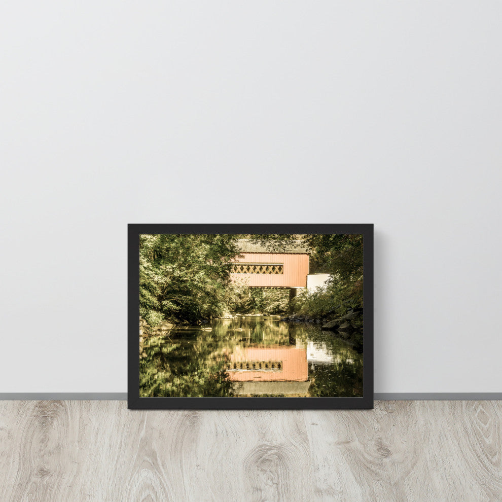 The Reflections of Wooddale Covered Bridge Aged Framed Photo Wall Art Print, Black, 12" X 16"