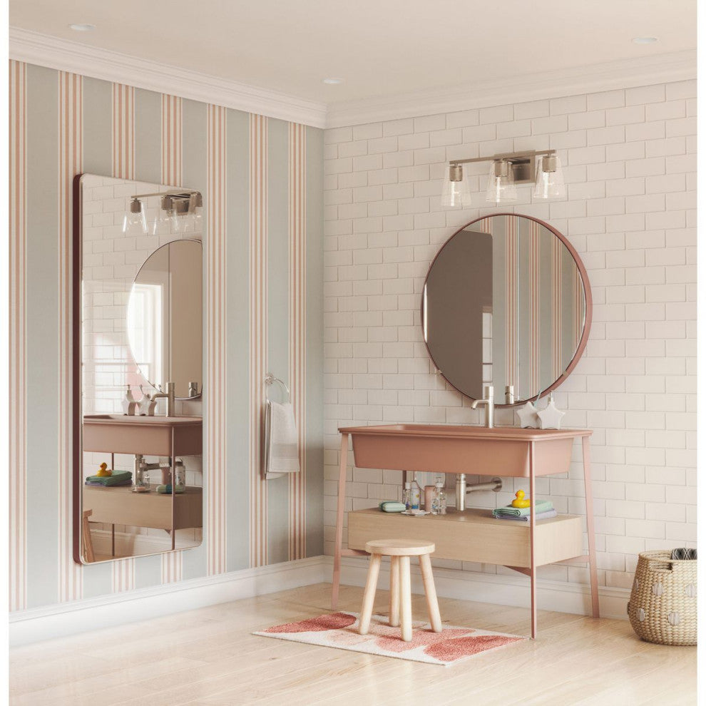 Vertex Collection Three-Light Brushed Nickel Clear Glass Contemporary Bath Light