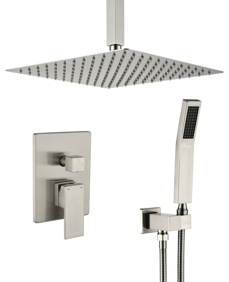 Wellfor Shower Faucet, 12" Ceiling Rain Shower Head With Handheld Combo Set, Brushed Nickel