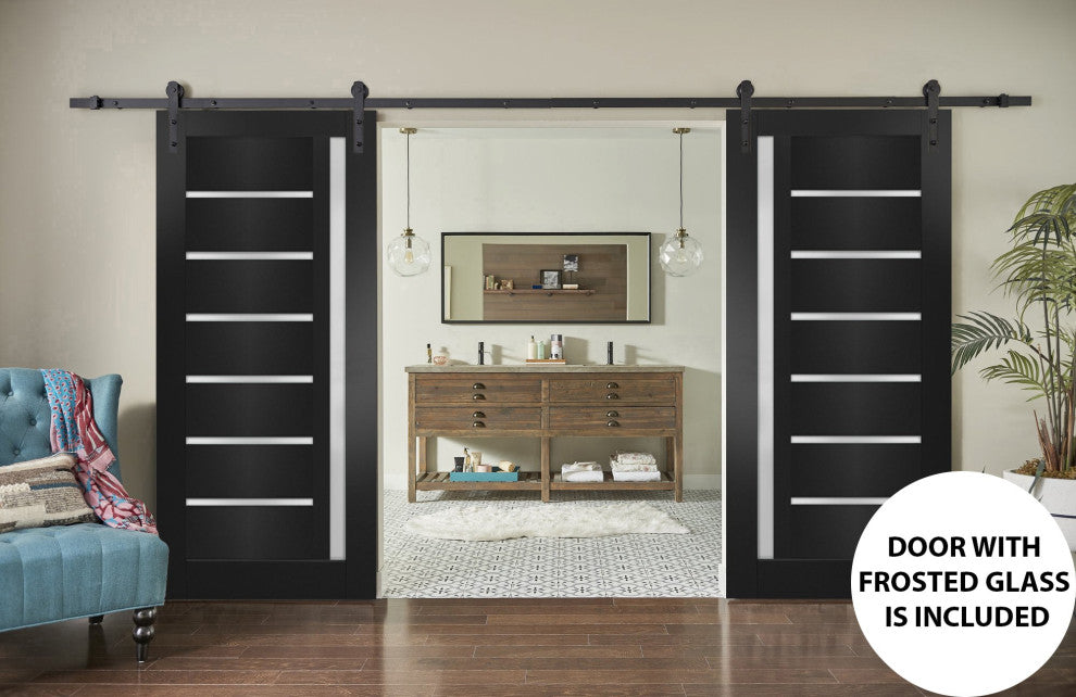 Double Barn Door 64 x 96, Quadro 4088 Black Frosted Glass, 13' Rail