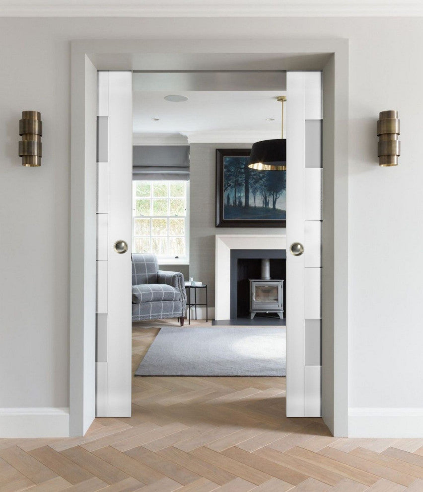 Interior Double Pocket Doors 60x84 in Opaque Glass | Sete 6933 White Silk
