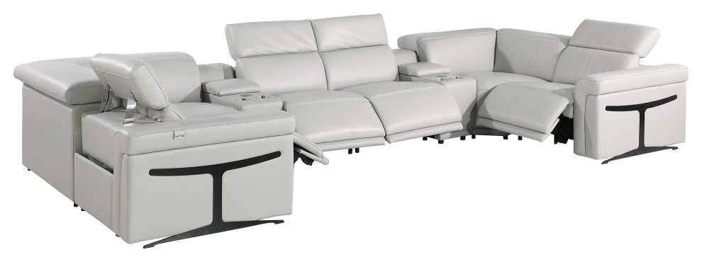 GIOVANNI 8-Piece, 4-Power Reclining Italian Leather Sectional, Light Gray