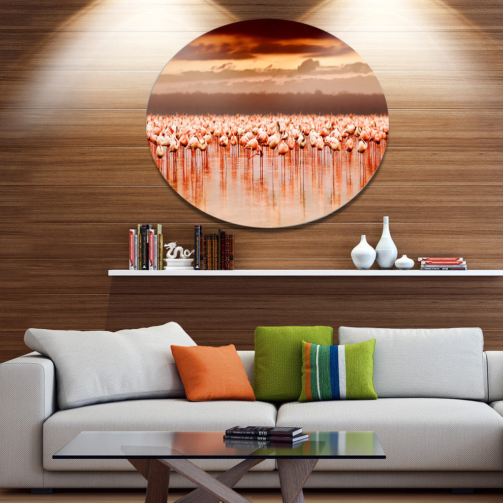 African Flamingos View At Sunset, Flower Round Metal Wall Art, 23"