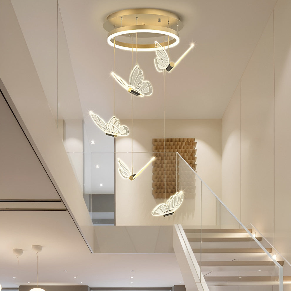 Camogli | Beautiful LED Chandelier with Hanging Butterflies, 5 Heads, Cool Light