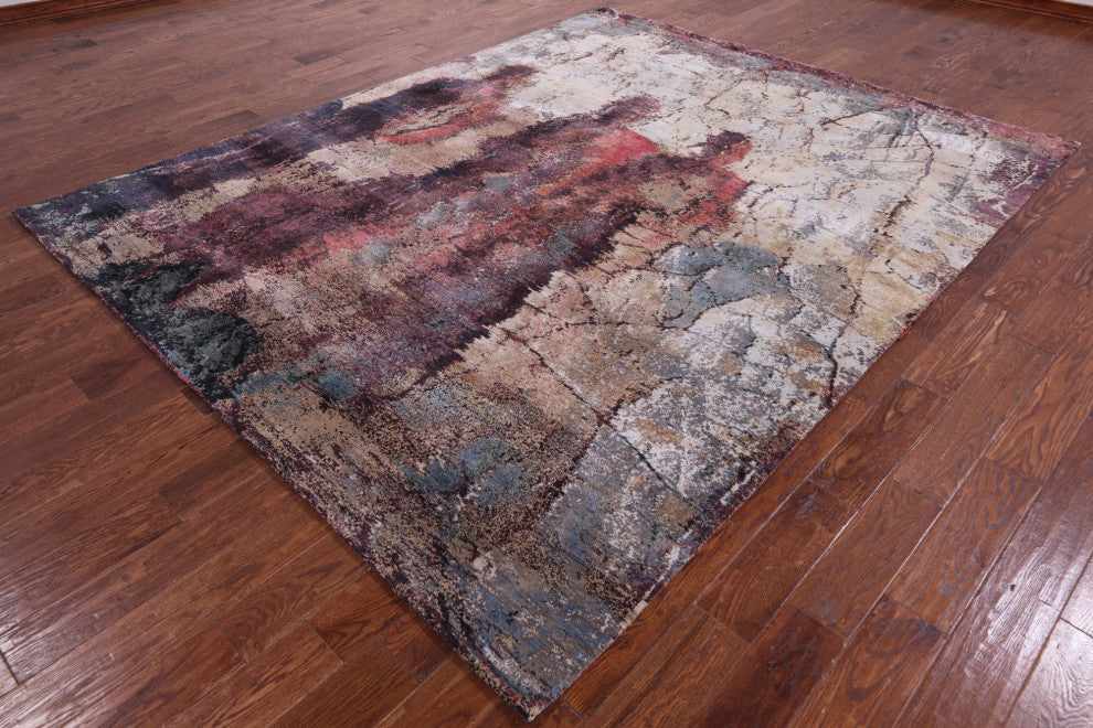 7' 10" X 9' 10" Wool and Silk Abstract Handmade Rug Q9051