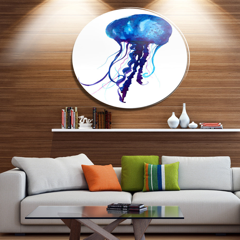 Dark Blue Jellyfish Watercolor, Animal Disc Metal Artwork, 23"