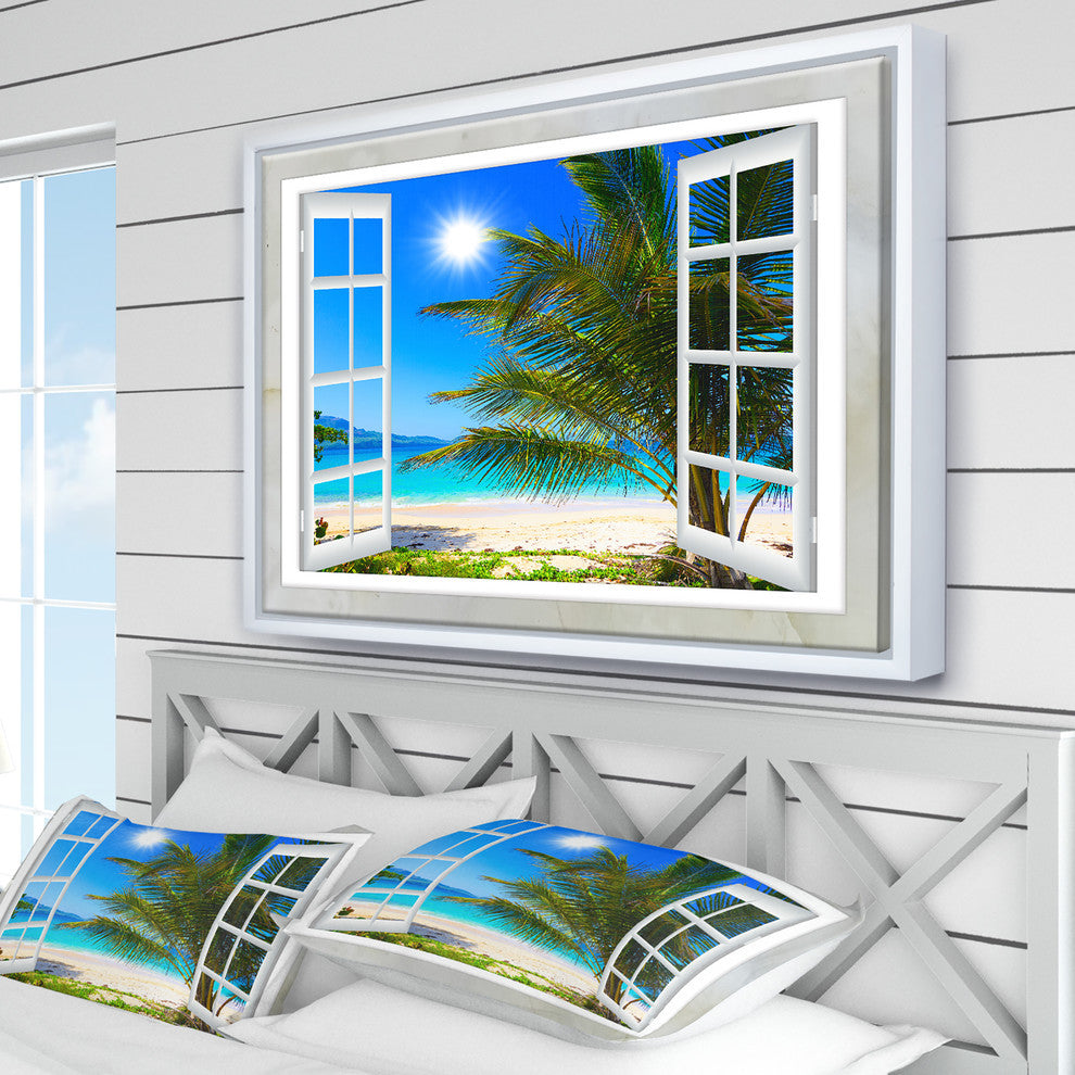 Designart Window Open Beach Palm Extra Large Framed Canvas Art, White, 46x36